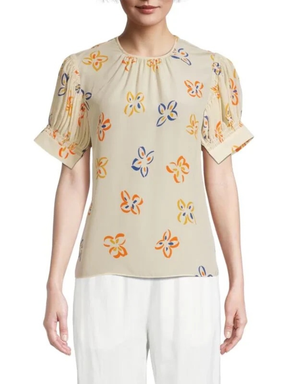 Rebecca Taylor 100% Silk Cream Floral Puff-Sleeve Blouse - Picture 2 of 6
